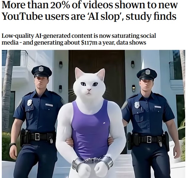Более 20% видеороликов, показываемых новым пользователям YouTube, являются «некачественным контентом, созданным с помощью ИИ»